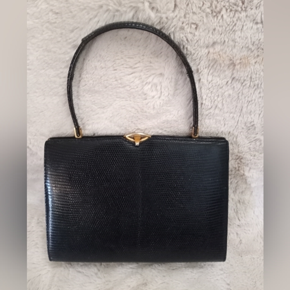Berma Paris Lizard Exotic Leather Vintage 60s Black Kelly Bag Gold Kiss Lock